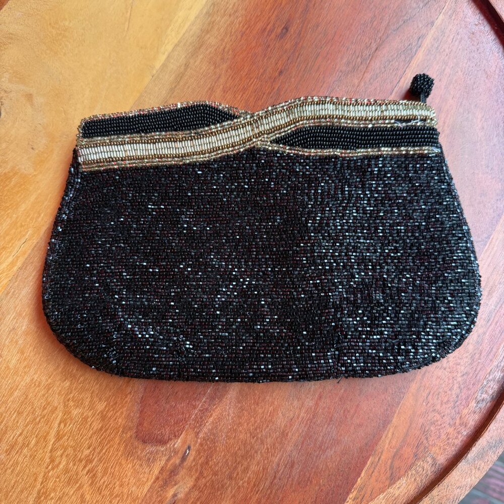 Vintage Black Beaded Evening Clutch With Metallic Accents